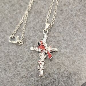 Silver and Red Bird Cross Pendant Necklace